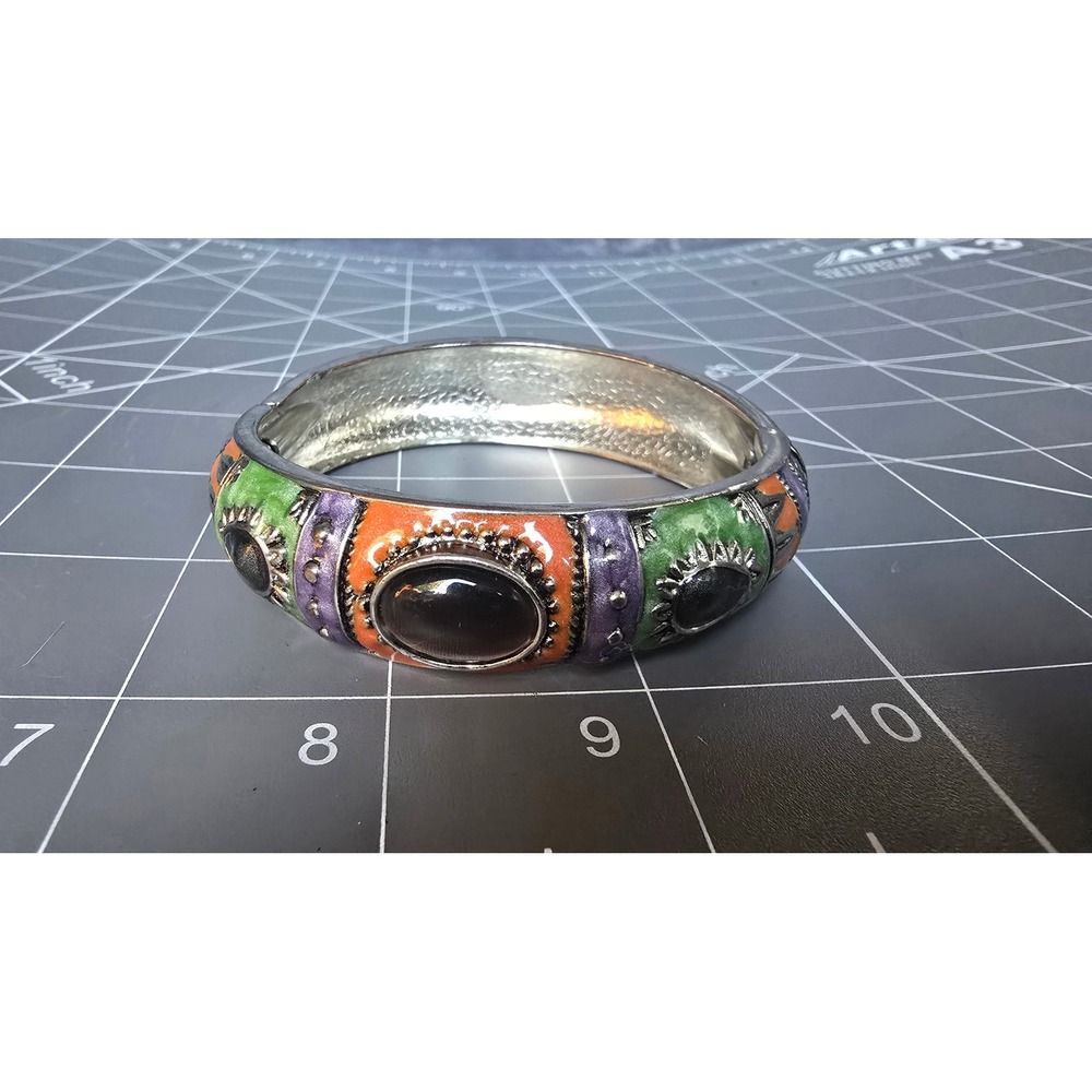 Multi Color Enamel Hinged Bangle Bracelet Silver Tone Black Cabochon